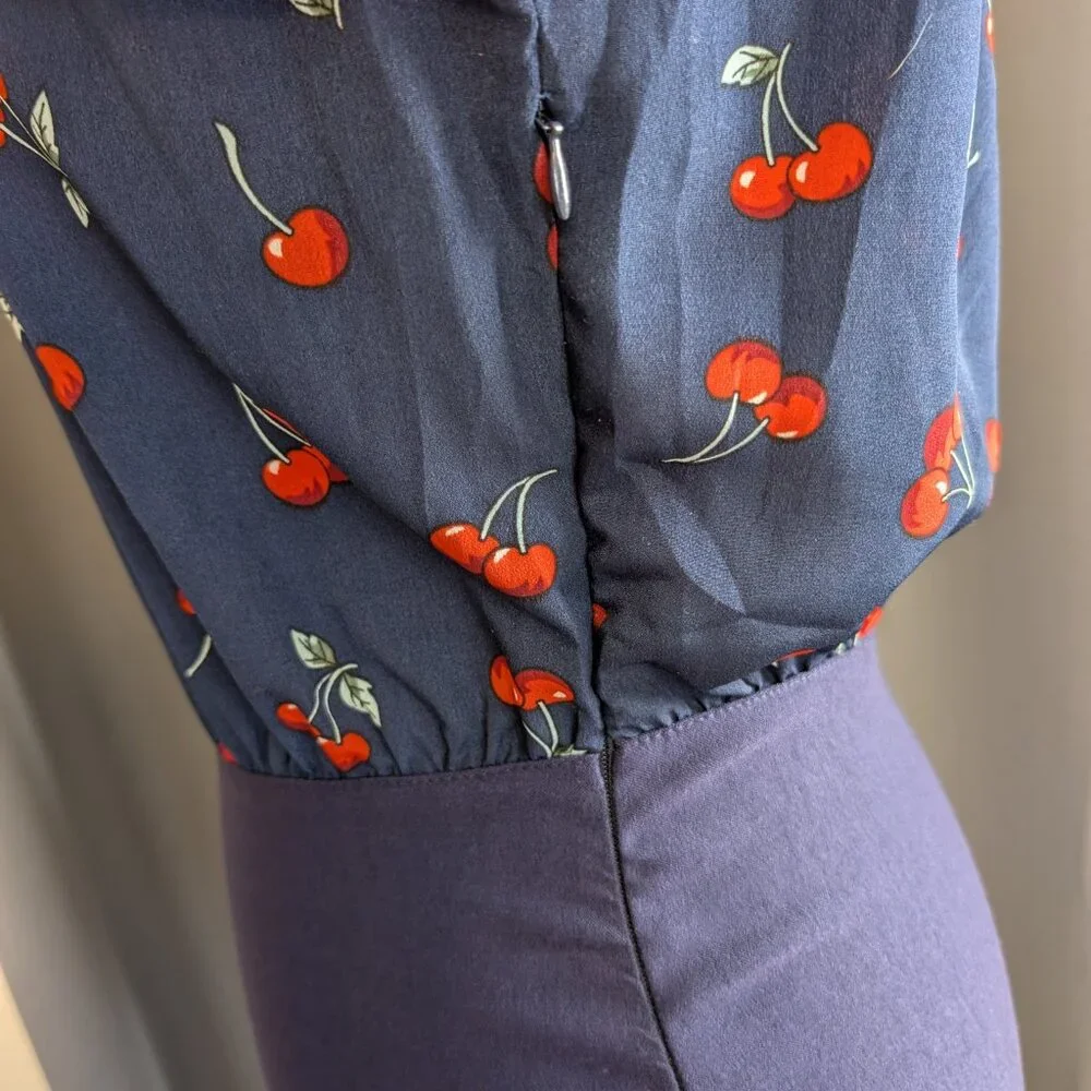NWT Unique Vintage Navy Cherry Print Bishop Sleeve Wiggle Pencil Dress L(10/12) - Picture 5 of 13
